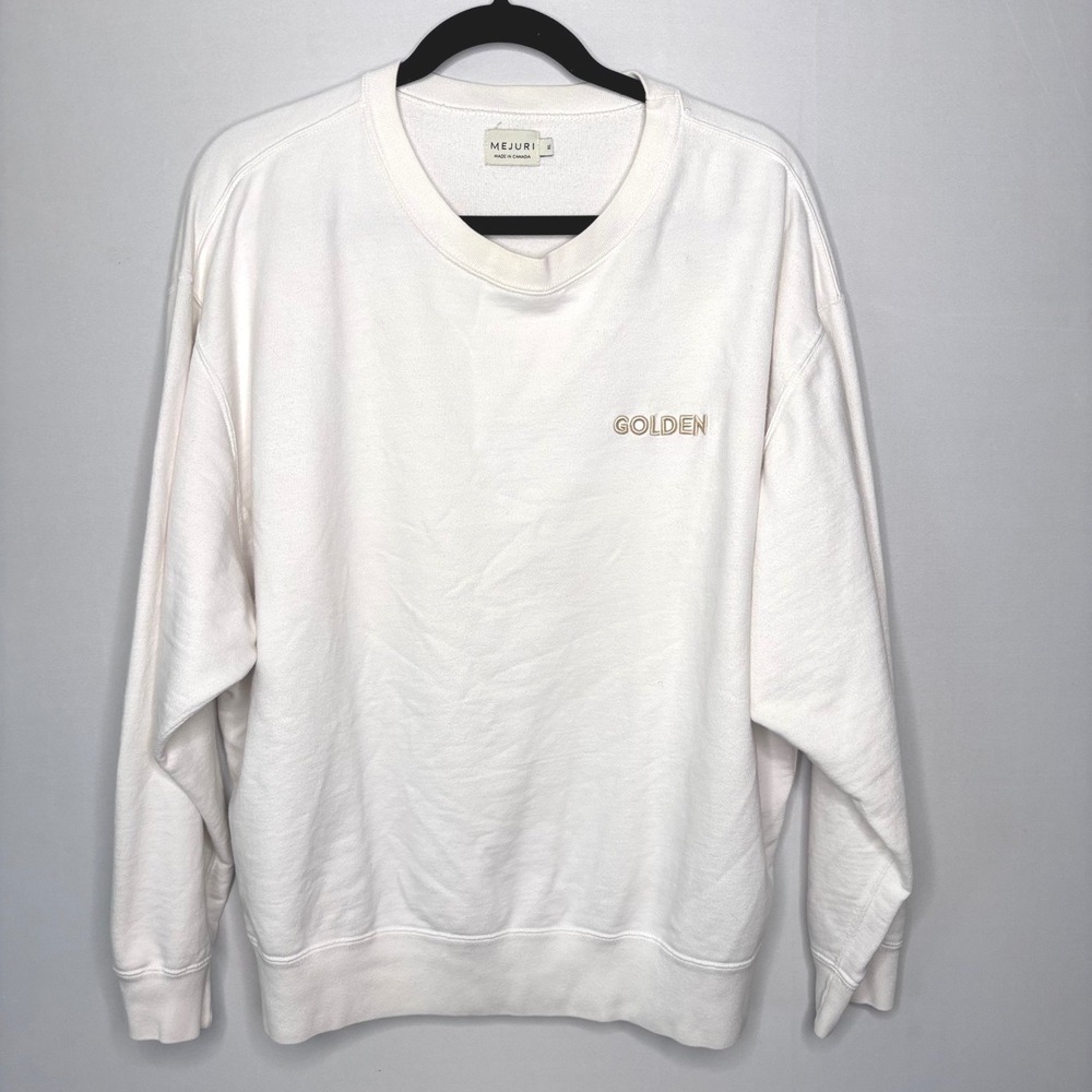MEJURI‎ Sweatshirt Size XL Cream Golden Logo Pullover Casual Athleisure Canada